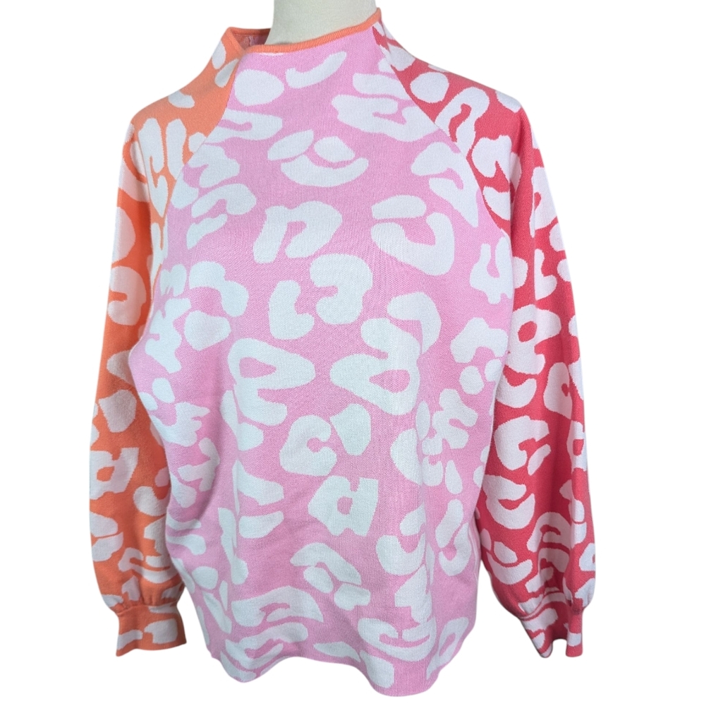 Fate Women's Small Collarless Dopamine Abstract Print Pink Orange Sweater